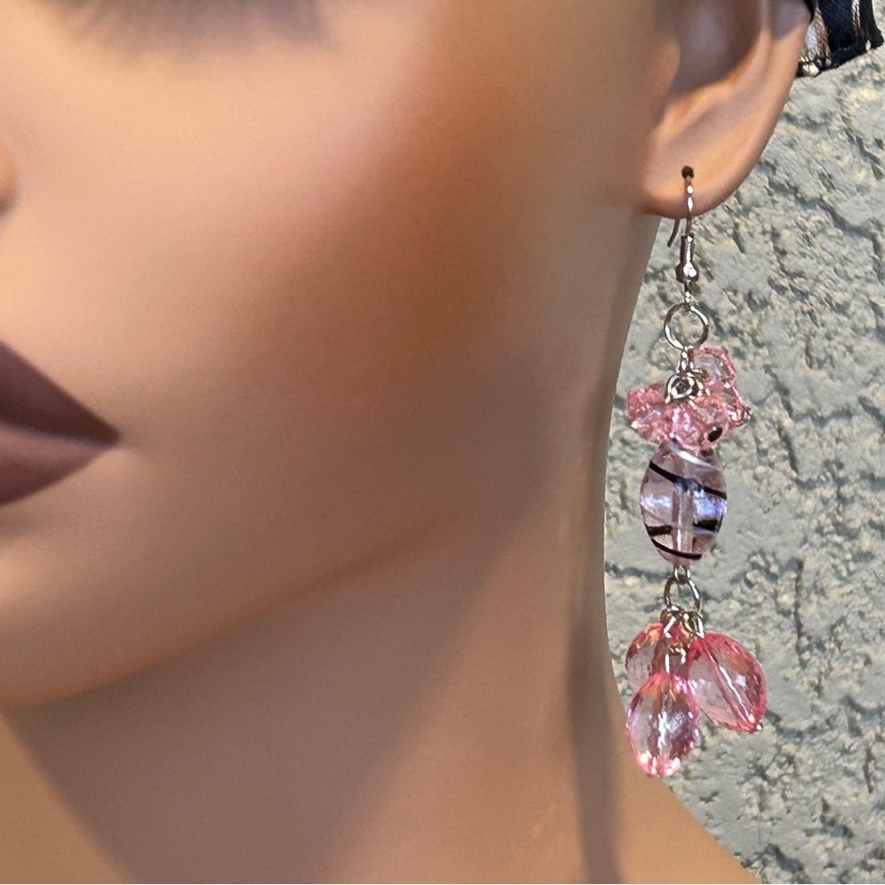 Artisan Pink Glass Drop Cluster Earrings - Picture 4 of 5